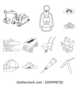 Mining industry outline icons in set collection for design. Equipment and tools vector symbol stock web illustration.