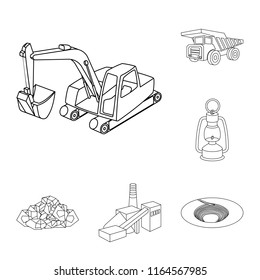 Mining industry outline icons in set collection for design. Equipment and tools vector symbol stock web illustration.
