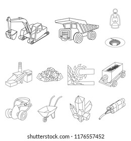 Mining industry outline icons in set collection for design. Equipment and tools vector symbol stock web illustration.