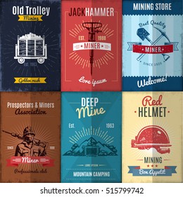 Mining industry posters collection in retro style with workers and equipment ribbons and rays isolated vector illustration