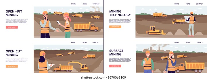 Mining industry and quarrying banners set with open pit and mountains landscape, flat vector illustration background. Machinery and workers on coal or mineral mine.