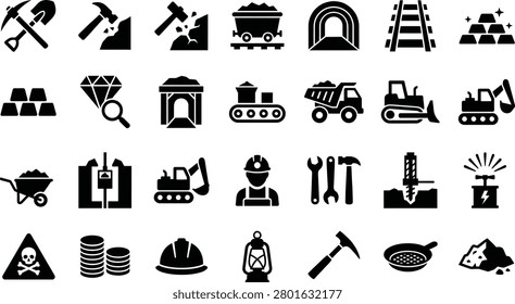 Mining industry and raw material extraction line art icon collection