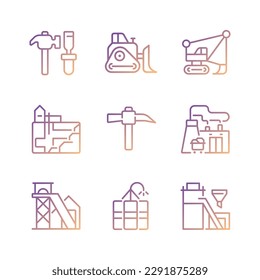 Mining Industrie-bezogene Pixel perfekte Farbverlauf-linearen Vektorsymbole Set. Schweres Gerät. Kohleverarbeitungsbetrieb. Kontursymbol für dünne Linien entwirft Bündel. Kollektion isolierter Konturillustrationen