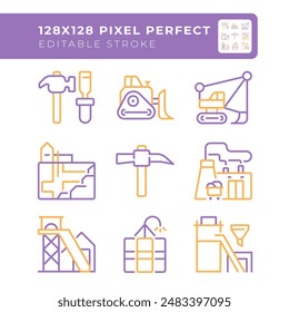 Mining industry related two color line icons set. Heavy equipment. Coal processing plant. Heavy industry bicolor outline iconset isolated. Duotone pictograms thin linear. Editable stroke