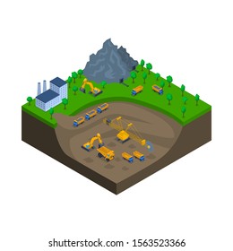 Mining Industry Scene Concept 3d Isometric View Include of Building, Truck and Excavator Transportation. Vector illustration