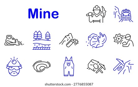 Mining industry set icon. Line style icons display worker helmet, train transport, bulldozer machine, forest layer, rock blasting, gas mask, cutting saw, miner face, tunnel cave, safety overalls