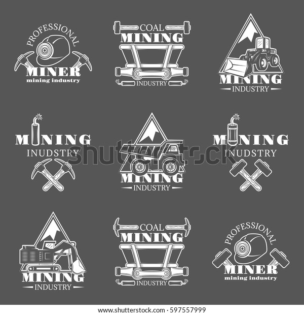 Mining\
industry set of vector monochrome vintage emblems, labels, badges\
and logos isolated on black background. Mining industry,\
professional machines, coal mining design\
elements