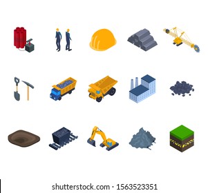 Mining Industry Sign 3d Icon Set Isometric View Include of Coal, Soil, Hardhat and Shovel. Vector illustration of Icons