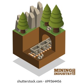 Indústria mineira. Túnel subterrâneo. Ilustração vetorial. Isométrica.