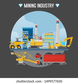 Ilustración vectorial de la industria minera. Cargadores de excavadoras, máquinas hidráulicas de perforación de pilas, tractores en el lugar de construcción de la industria minera con iconos de diamantes y tipografía.