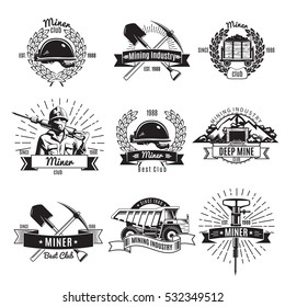 Mining industry vintage black white emblems with worker and equipment ribbons wreaths and rays isolated vector illustration