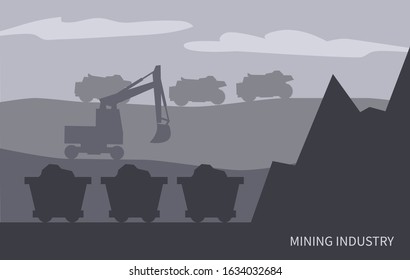 Mining industry works on field. Excavator and mine, wagons with loaded mineral resources or coal. Extraction of fossil fuels and transportation of production. Machinery and quarries, vector in flat