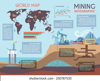 Mining infographics set with drilling industry and mineral extraction process symbols and charts vector illustration