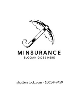 Design-Vorlage für das Mining Insurance-Logo in schwarz-weißer Farbe. Die Kombination von Hoe für zerbrochenes Bergbauwerkzeug und Regenschirmform. 