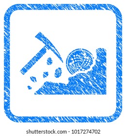 Mining Iota Rocks rubber seal stamp watermark. Icon vector symbol with grunge design and unclean texture inside rounded square frame. Scratched blue emblem on a white background.