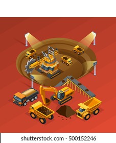 Mining isometric concept with machinery and extraction on red background vector illustration 