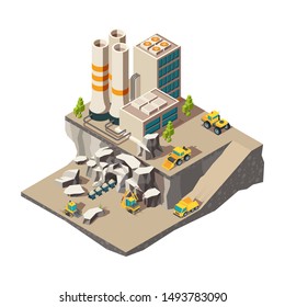 Mining isometric. Rock mine industry production quarry construction technics vector composition