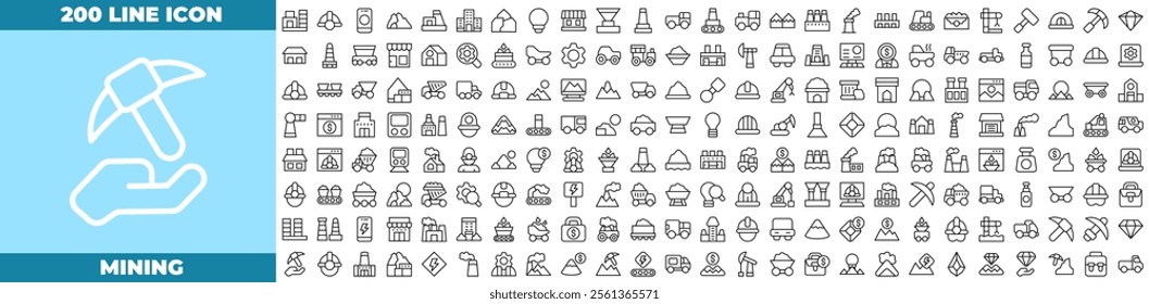 Mining Line Editable Icons set. Vector illustration in modern thin line style of mining icons: Containing minerals, gold, pickaxe, miner, excavator, etc