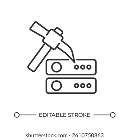 Mining line icon. Pickaxe near servers. Cryptocurrency extraction technology. Process blockchain networks. Isolated vector illustration. Outline symbol. Simple linear drawing. Editable stroke
