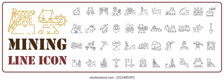 Mining line icon set. Extraction of minerals in the mine and surface, linear icons. Coal line with editable stroke