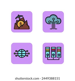Mining line icon set. Worldwide network, cloud technology, bitcoin mining, mining rig. Cryptocurrency concept. Can be used for topics like blockchain, equipment, computing, online data