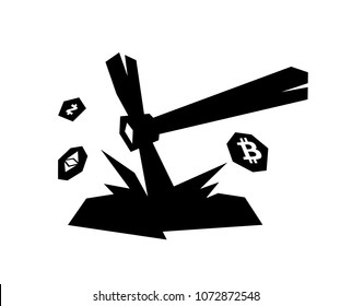 Mining logo, bitcoin mining. Metal pickax extracting crypto currency. Vector logo. Logo for company isolated on white background. Brand of the company. Emblem on the miners.