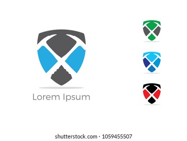 Mining logo design, mechanic tools in shield vector icon. Car repair service, wrench, plumber vector illustration.