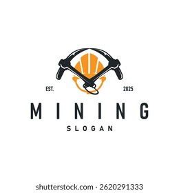 mining logo design simple minimalist concept gold mountain mining with worker hat, pickaxe tool, vintage retro template illustration symbol