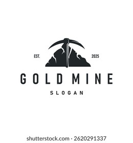 mining logo design simple minimalist concept gold mountain mining with worker hat, pickaxe tool, vintage retro template illustration symbol