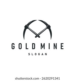 mining logo design simple minimalist concept gold mountain mining with worker hat, pickaxe tool, vintage retro template illustration symbol