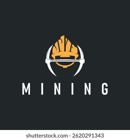 mining logo design simple minimalist concept gold mountain mining with worker hat, pickaxe tool, vintage retro template illustration symbol
