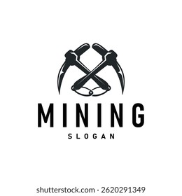 mining logo design simple minimalist concept gold mountain mining with worker hat, pickaxe tool, vintage retro template illustration symbol