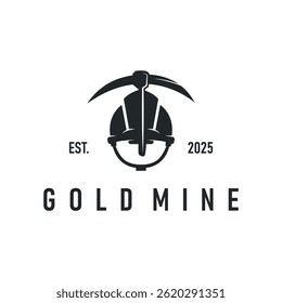 mining logo design simple minimalist concept gold mountain mining with worker hat, pickaxe tool, vintage retro template illustration symbol