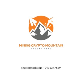 Mining logo design template with mountain and pickaxe vector concept.