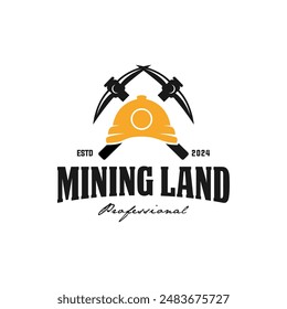 Mining logo with hard hat helmet and two crossed axes. retro style vector.