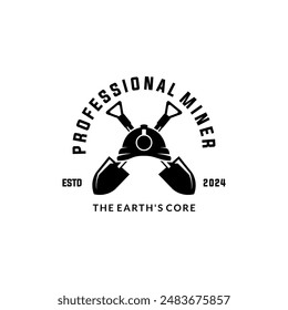 Mining logo with hard hat helmet and two crossed axes. retro style vector.