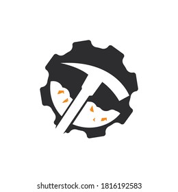 Mining logo template with Gear. Cog wheel and mining equipment icon design.