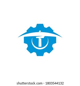 Plantilla de logotipo de minería con Gear. Elegante ilustración vectorial monocromática.