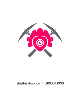 Mining logo template with Love. Stylish monochrome vector illustration.