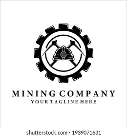 mining logo vector vintage illustration design. gear helmet pickax or pickaxe logo concept illustration design. equipment logo design for professional miner