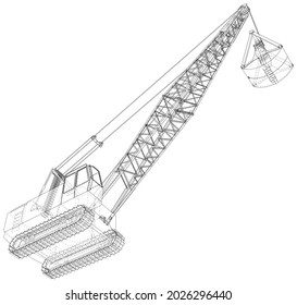 Mining machine. The machine of quarry mining works. The layers of visible and invisible lines are separated. Wire-frame outline.