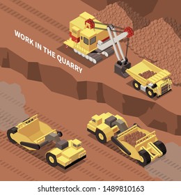 Mining machinery digging and removing rocks from quarry 3d isometric vector illustration