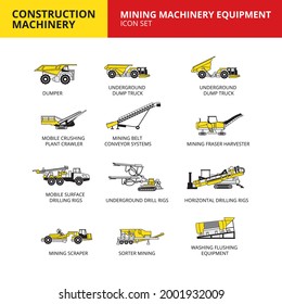 Mining machinery equipment vehicle construction machinery transport icons set