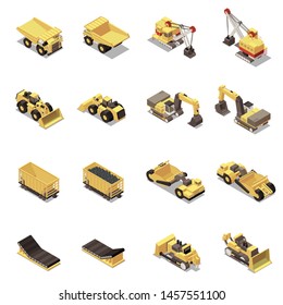 Mining machinery isometric icons set with dump trucks excavators carts isolated on white background 3d vector illustration