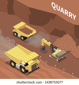 Mining machinery working in quarry 3d isomtric vector illustration