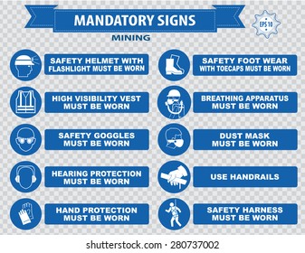 Bergbau-obligatorisches Schild (Sicherheitshelm mit Taschenlampe muss getragen werden, Verwendung 

Handläufe, Staubmasken, Atemgeräte, Schutzbrille, Gehörschutz, 

Anschnallgurte, Klanghorn)