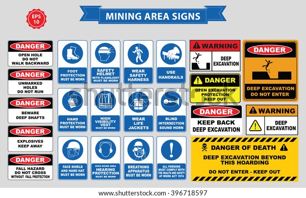 Mining
mandatory sign (safety helmet with flashlight must be worn, use
handrails, dust mask, breathing apparatus, goggles, hearing
protection, fasten seat belts, sound
horn)