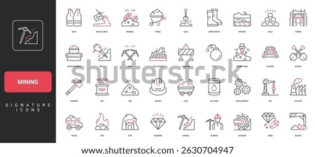 Mining, mine extraction equipment and underground tunnel with iron ore, coal line icon set. Mineral and gold mining, digging, miners equipment thin black and red outline symbols vector illustration