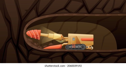 Mining miner cartoon composition with profile view of underground with boring machine making tunnel through ground vector illustration