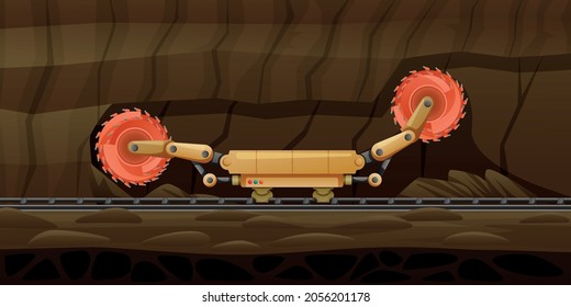 Mining Miner Cartoon Composition With Subsurface Scenery And Automated Grinder On Rail Rotating Wheels Boring Holes Vector Illustration